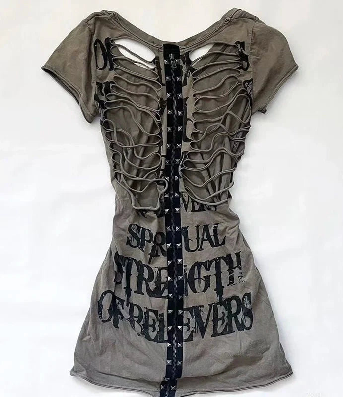 Letter Ripped Subculture Rock Punk Y2K Abi E-girl American Retro Letter Ripped Short Sleeve Top