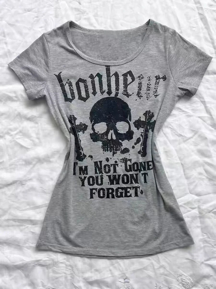Gray Skull Letter Print Slim Tee Y2K Top