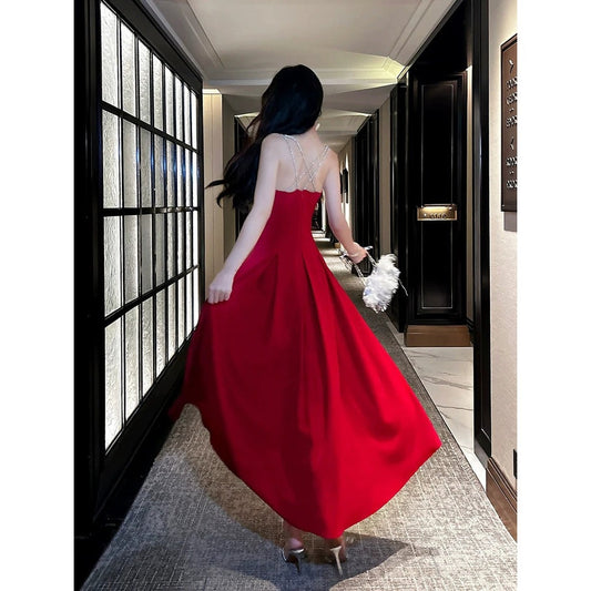 French Red Backless Holiday Spaghetti Strap Gown Dress