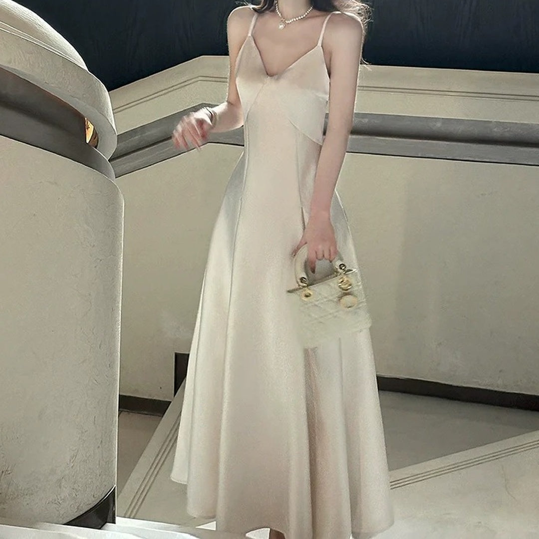 French Satin Spaghetti Strap Engagement Birthday Gown Dress