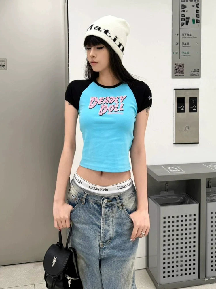 Retro Raglan Letter Print Crop Top Slim Fit Y2K Top