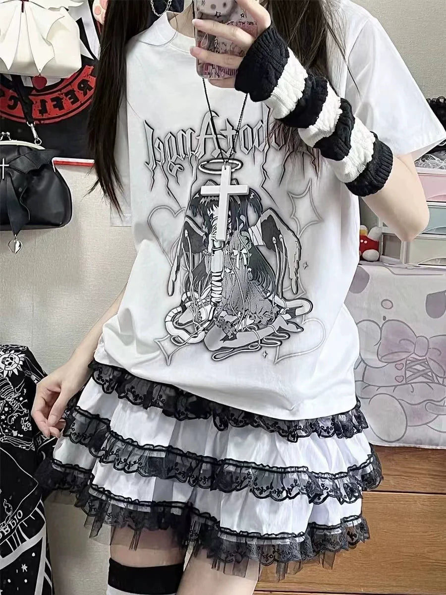 White Harajuku Cartoon Print Niche Design Oversized Y2K T-Shirt