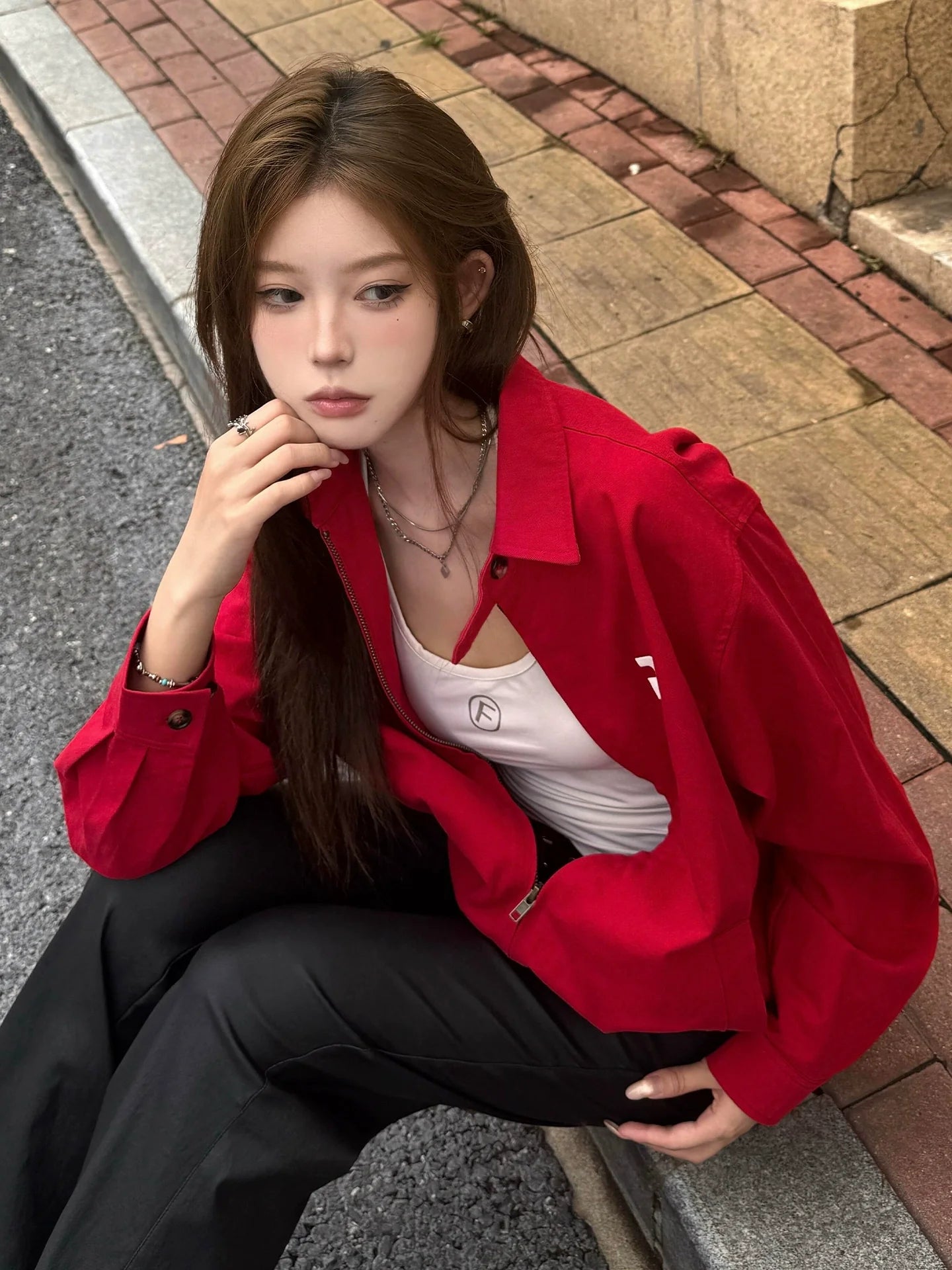 American Red Retro Jacket Autumn-Winter Casual Loose Fit Vintage Collar Top