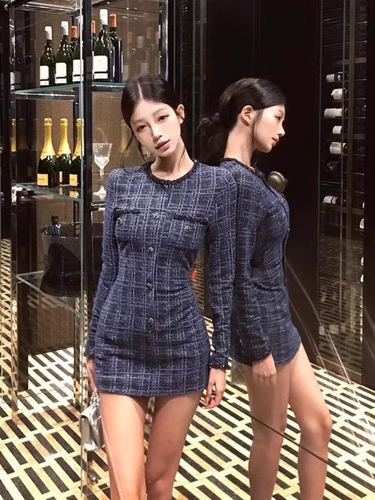 French Chic Tweed-Print Long-Sleeve Bodycon Waist-Cinched Dress