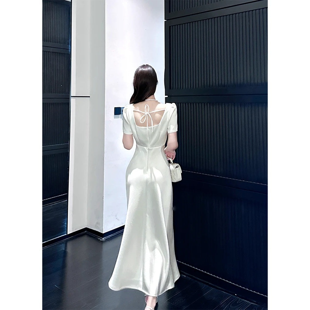 French White Short Sleeve Satin Engagement Gown Dress