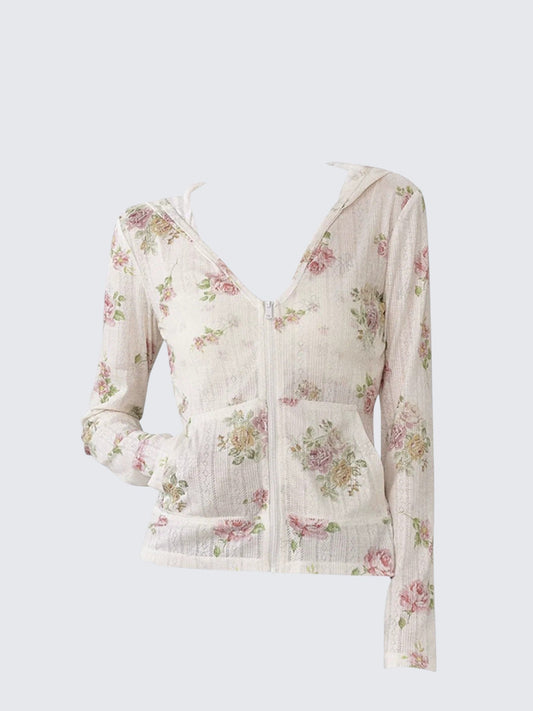 Floral Hooded Zip Cardigan Women