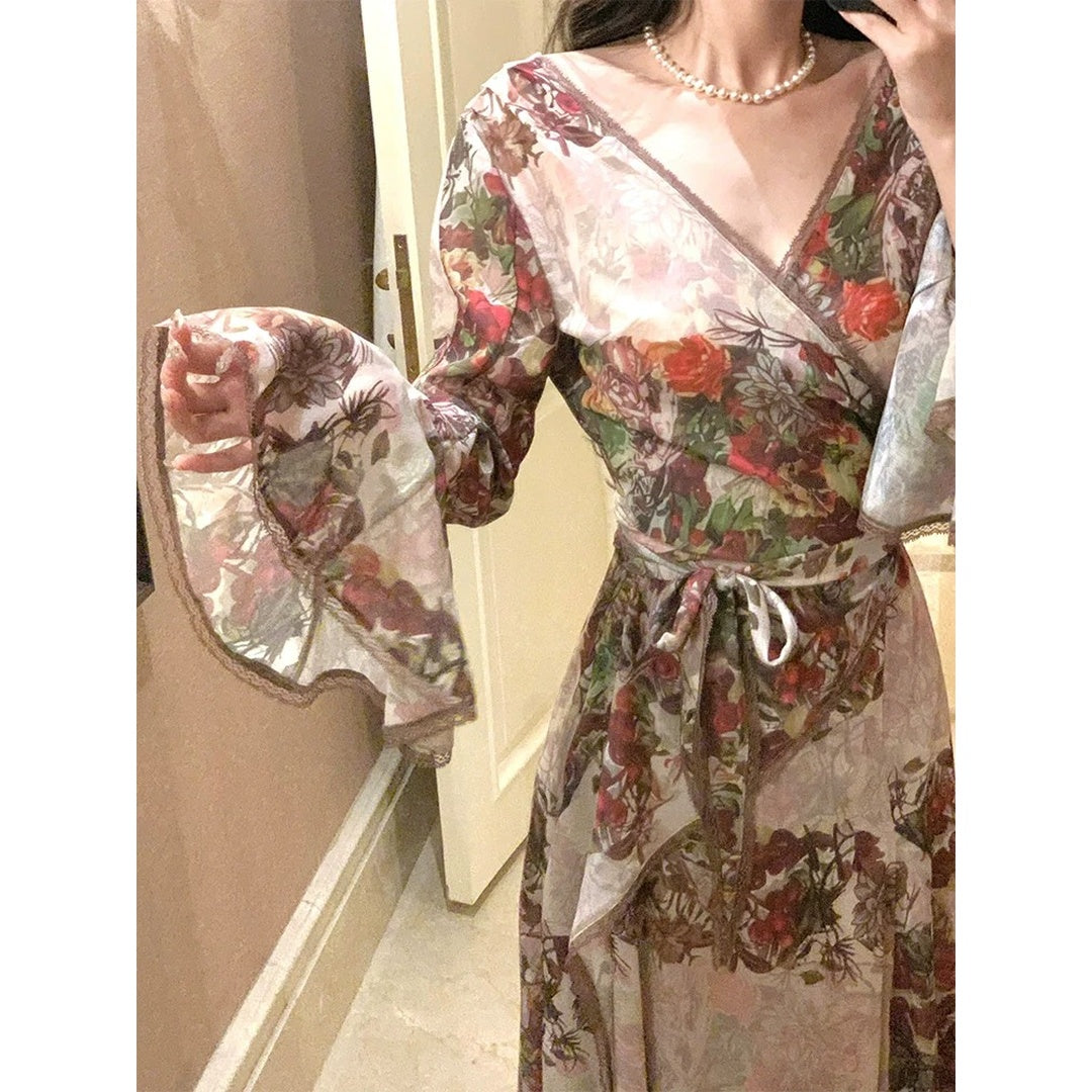 French Vintage Floral Layered Waist Gown Dress