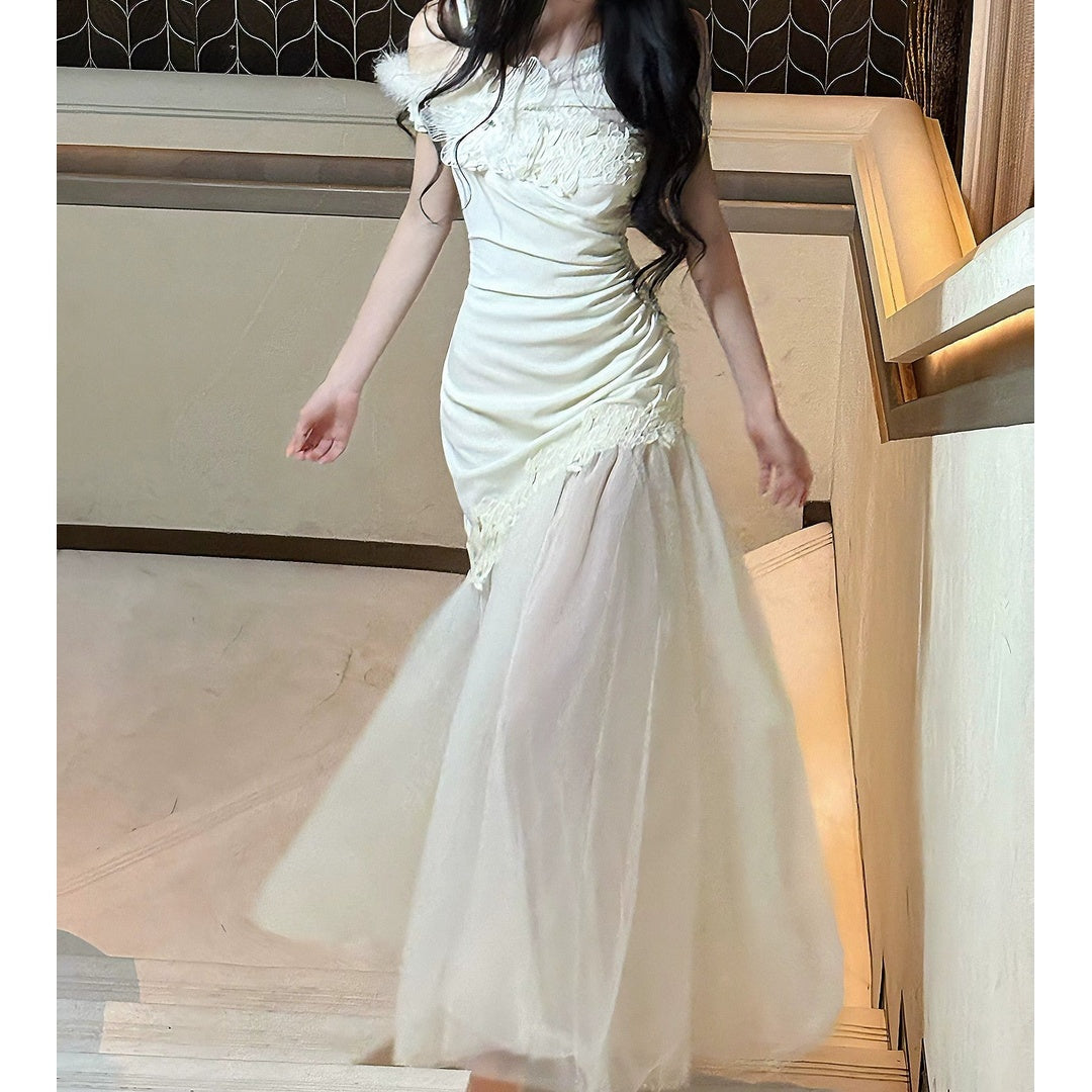 French Lace Tulle One Shoulder Mermaid Gown Dress