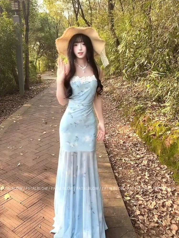 French Blue Floral Camisole Pure Desire Waist-Cinched Mermaid Maxi Dress