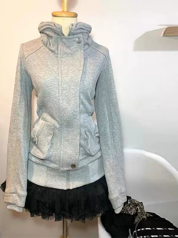 Gray Subculture Y2K E-girl Vintage Retro Collared Hoodie Autumn/Winter Slim Sport Yoga Jacket