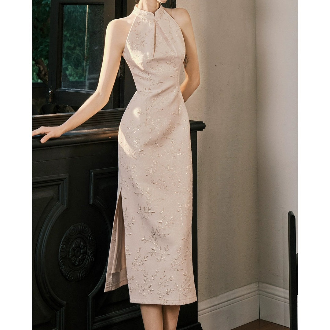 Modern Chinese Pink Jacquard Slit Gown Dress