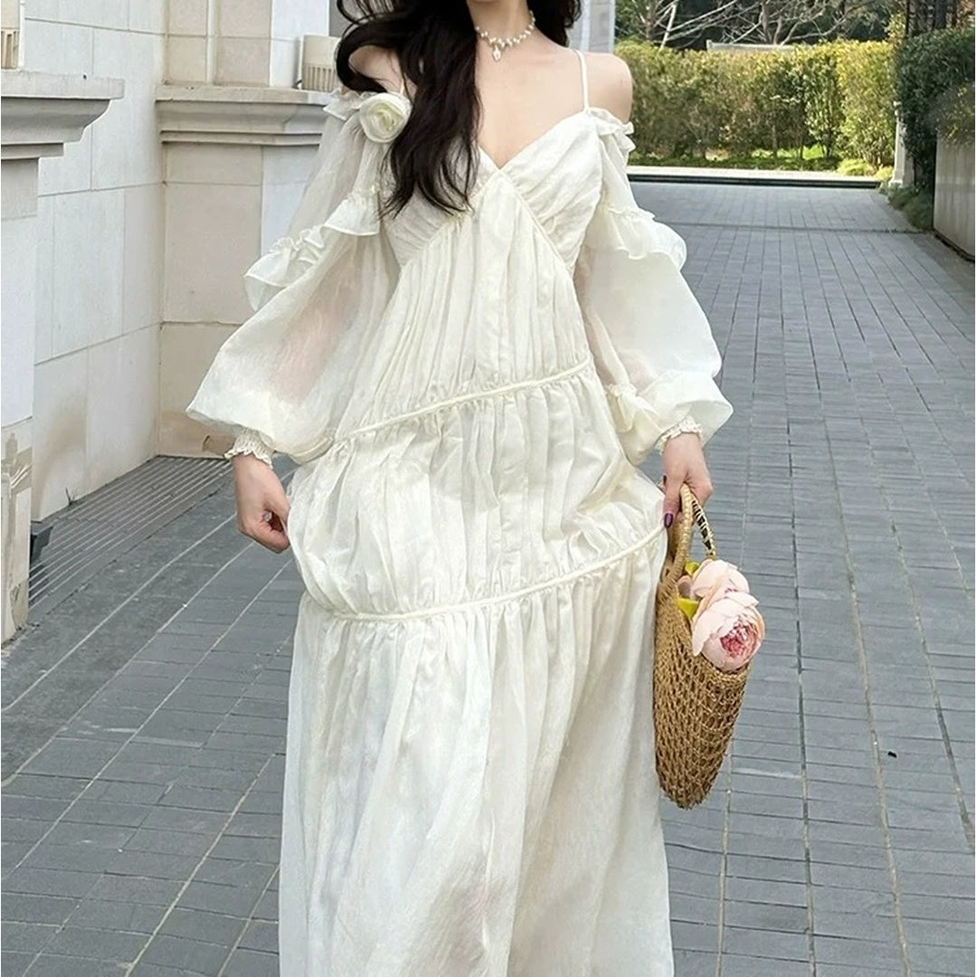 French V Neck Spaghetti Strap Bubble Sleeve White Gown Dress
