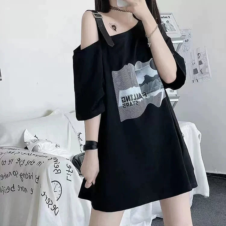 Black Subculture Y2K E-girl Off-Shoulder Mid-Length Lunar Eclipse Print Niche Oversized Short-Sleeve Top