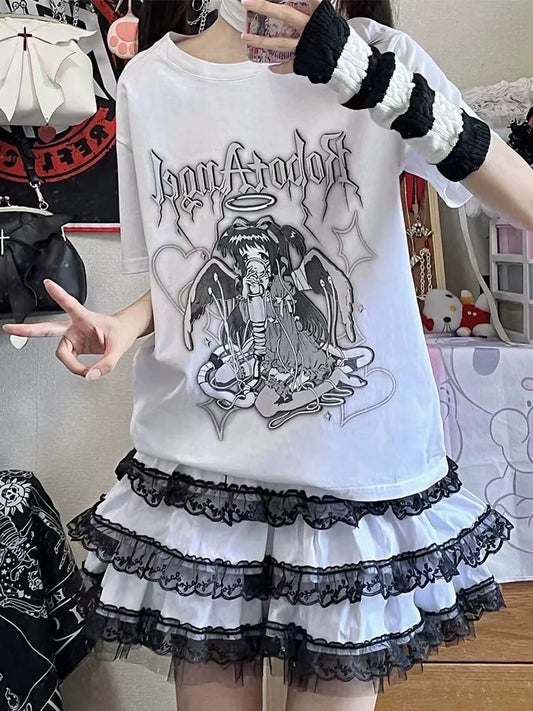 White Harajuku Cartoon Print Niche Design Oversized Y2K T-Shirt