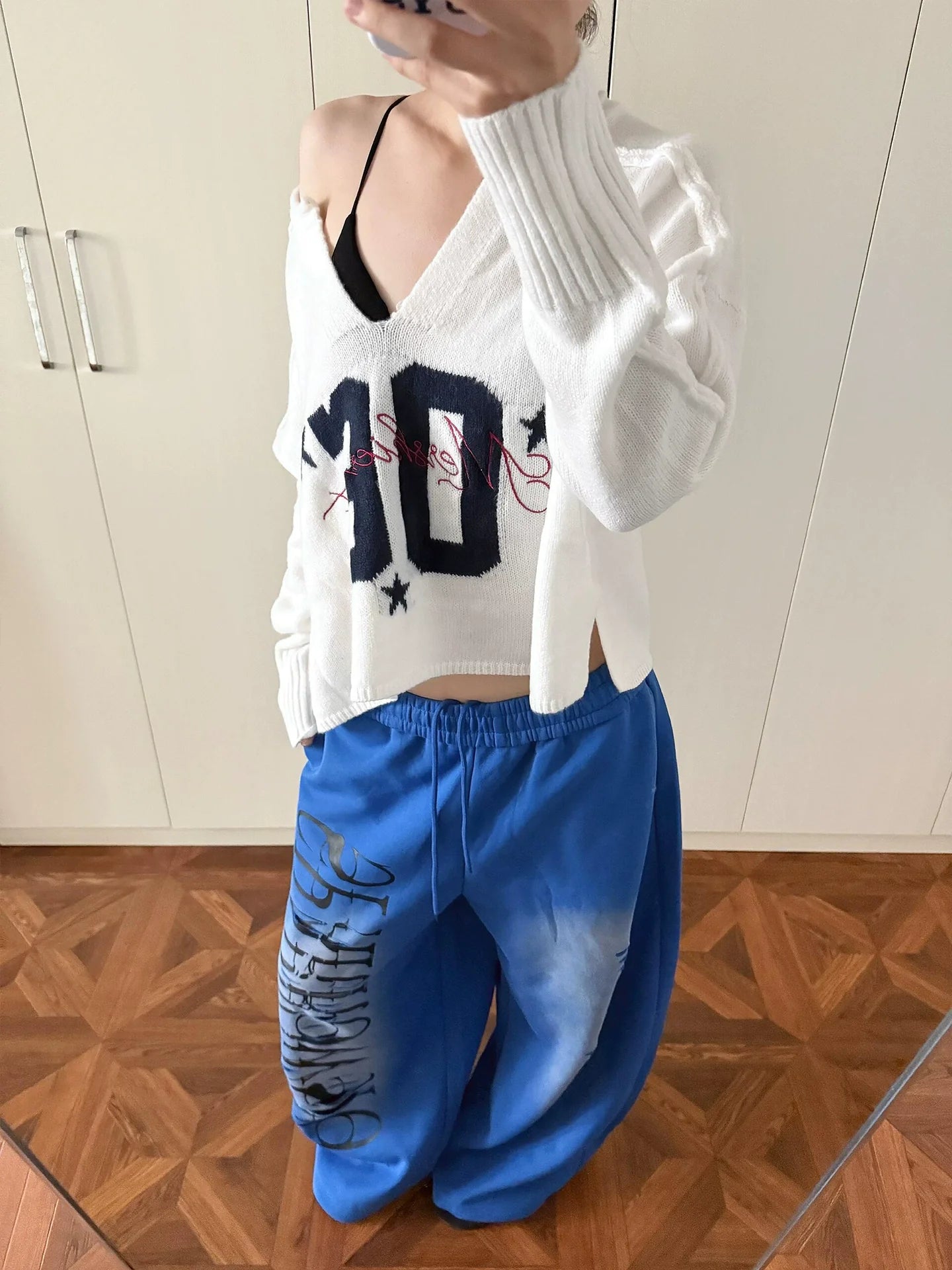 Retro V Neck Numeric Print Knit Top Y2K Sweater