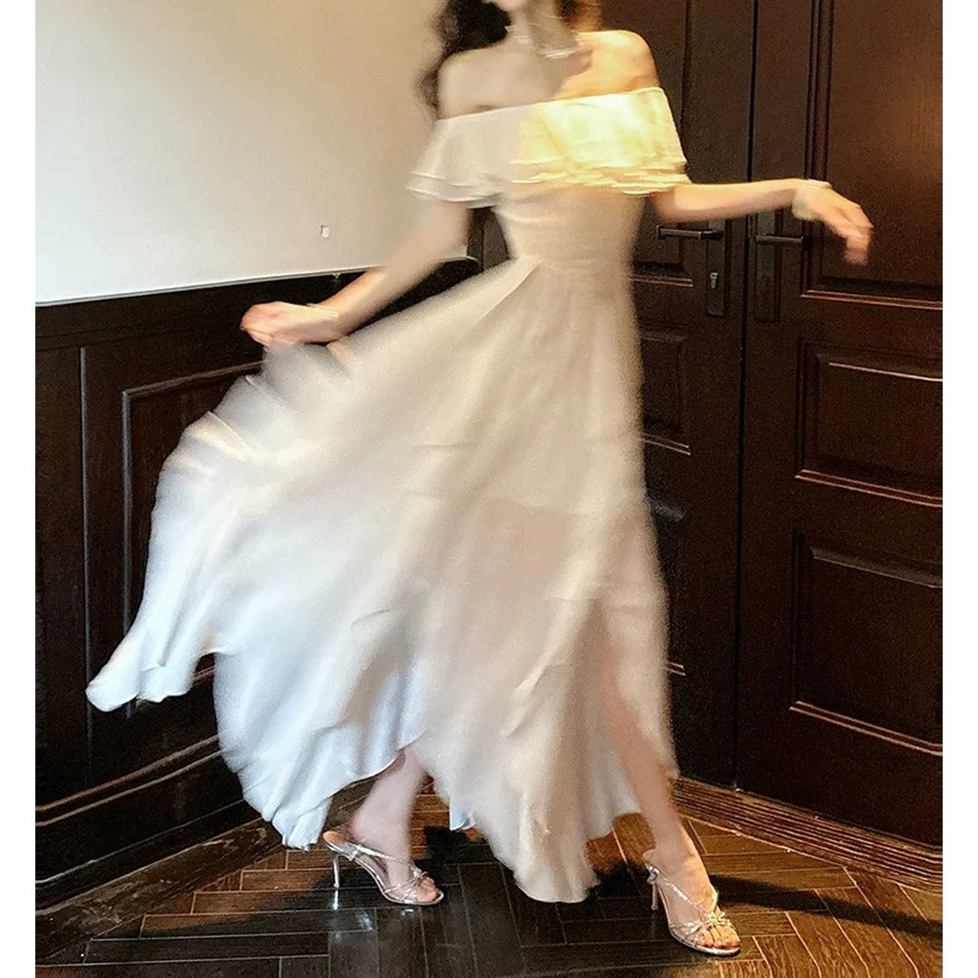 White Butterfly Ruffle Dress High-End Puff Sleeve Gown