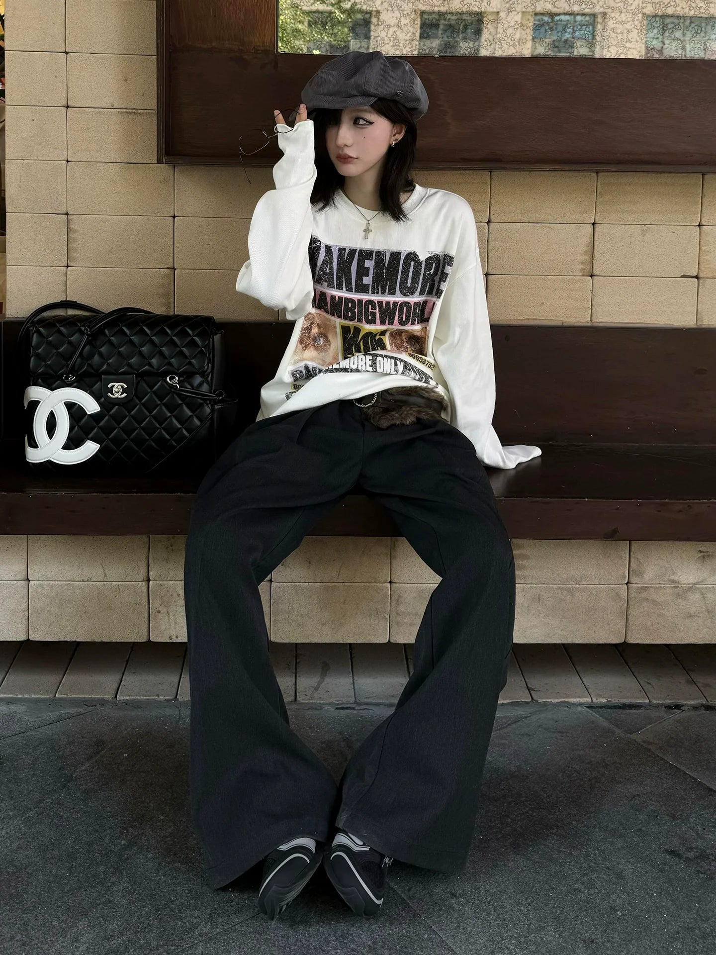 American Street Letter Print Long Sleeve Tee Autumn Round Neck Loose Fit Unisex Top