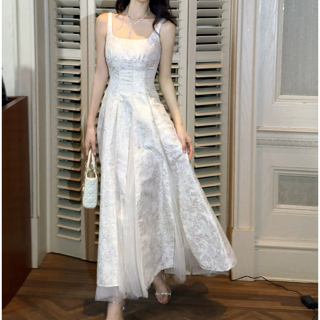Floral Jacquard Mesh Tank Gown Prom Dress