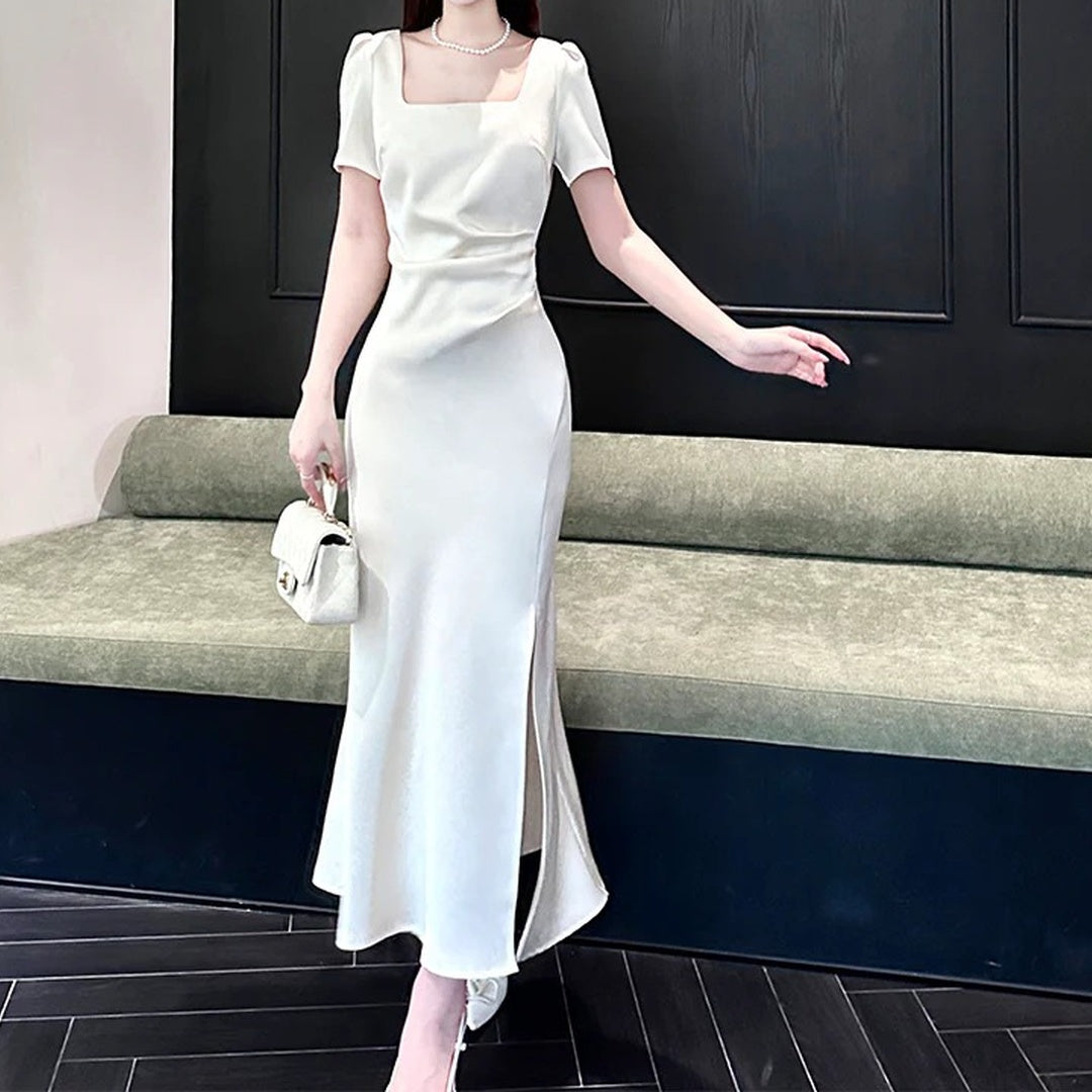 French White Short Sleeve Satin Engagement Gown Dress