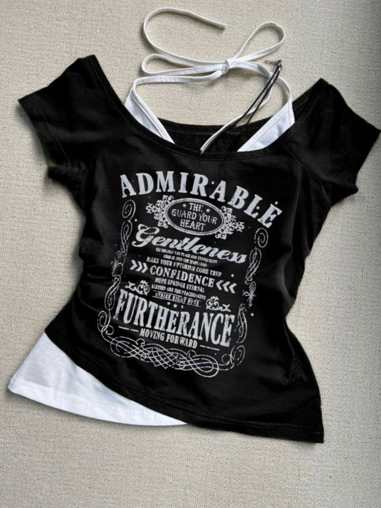 White Subculture Y2K E-girl Abi American Retro Letter Print Halter Fake Two-Piece Short Sleeve Top