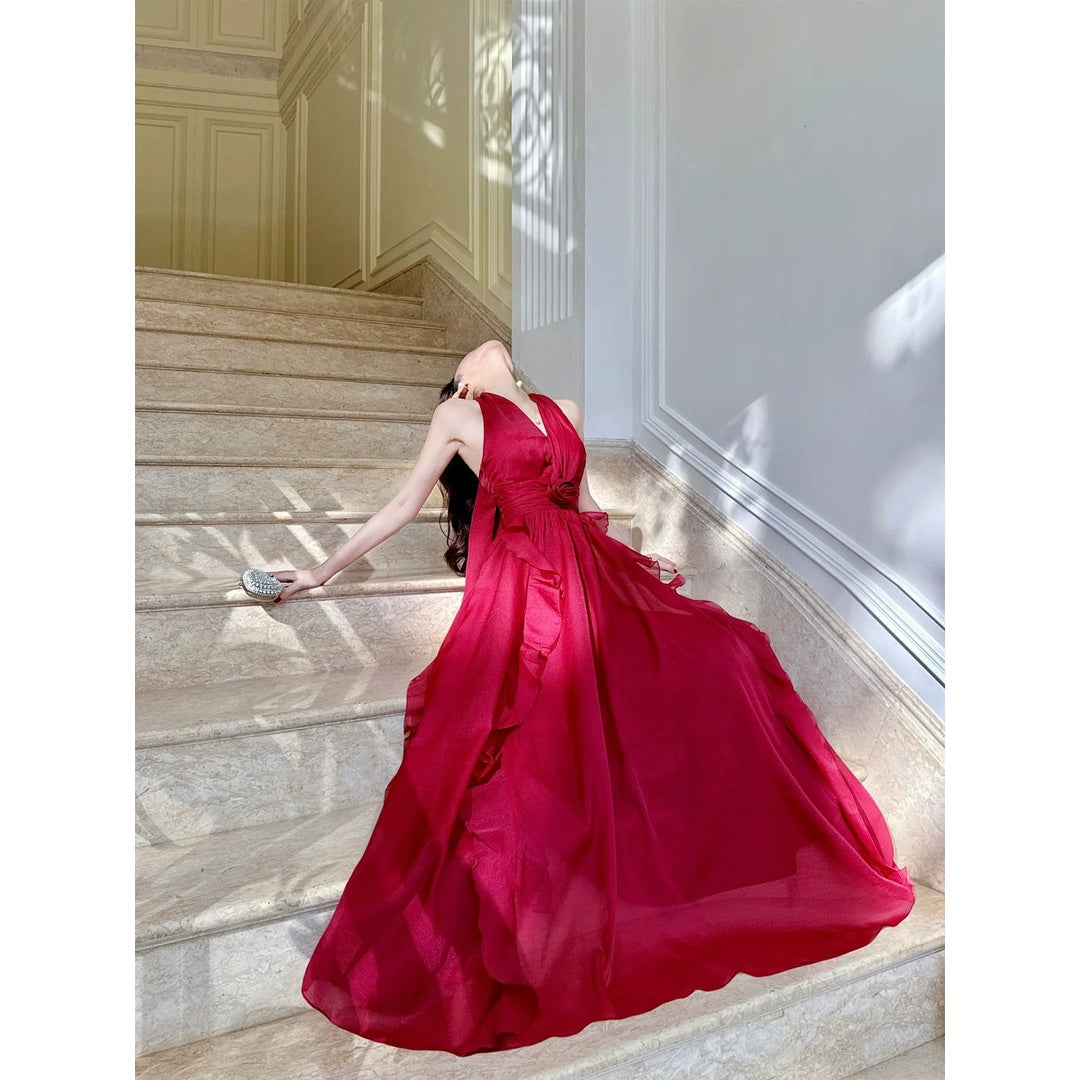 French Ruffle Red Halter Neck Gown Dress – Unique Princess Dress