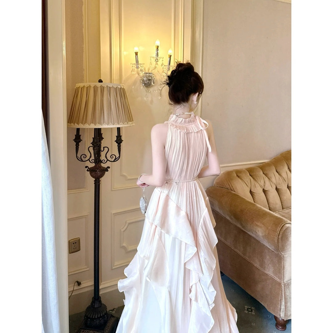 French Pink Ruffle Sleeveless Gown Dress