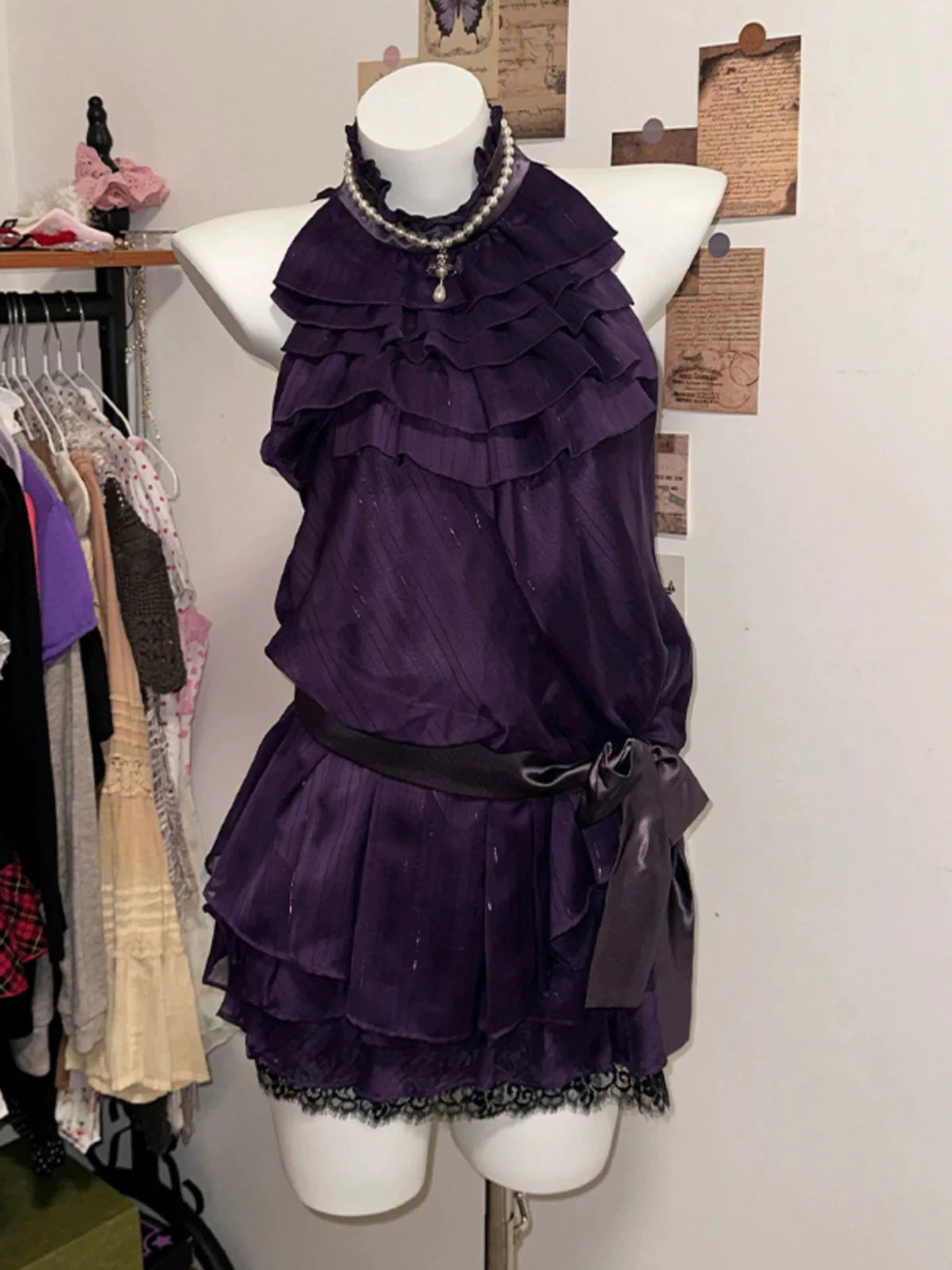 Purple Satin-Lace Halter Waist-Cinched Vintage-Style Tiered Dress