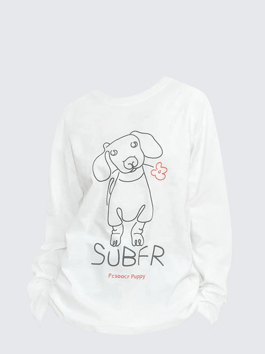American Hand-Drawn Dog Print Long Sleeve T-Shirt