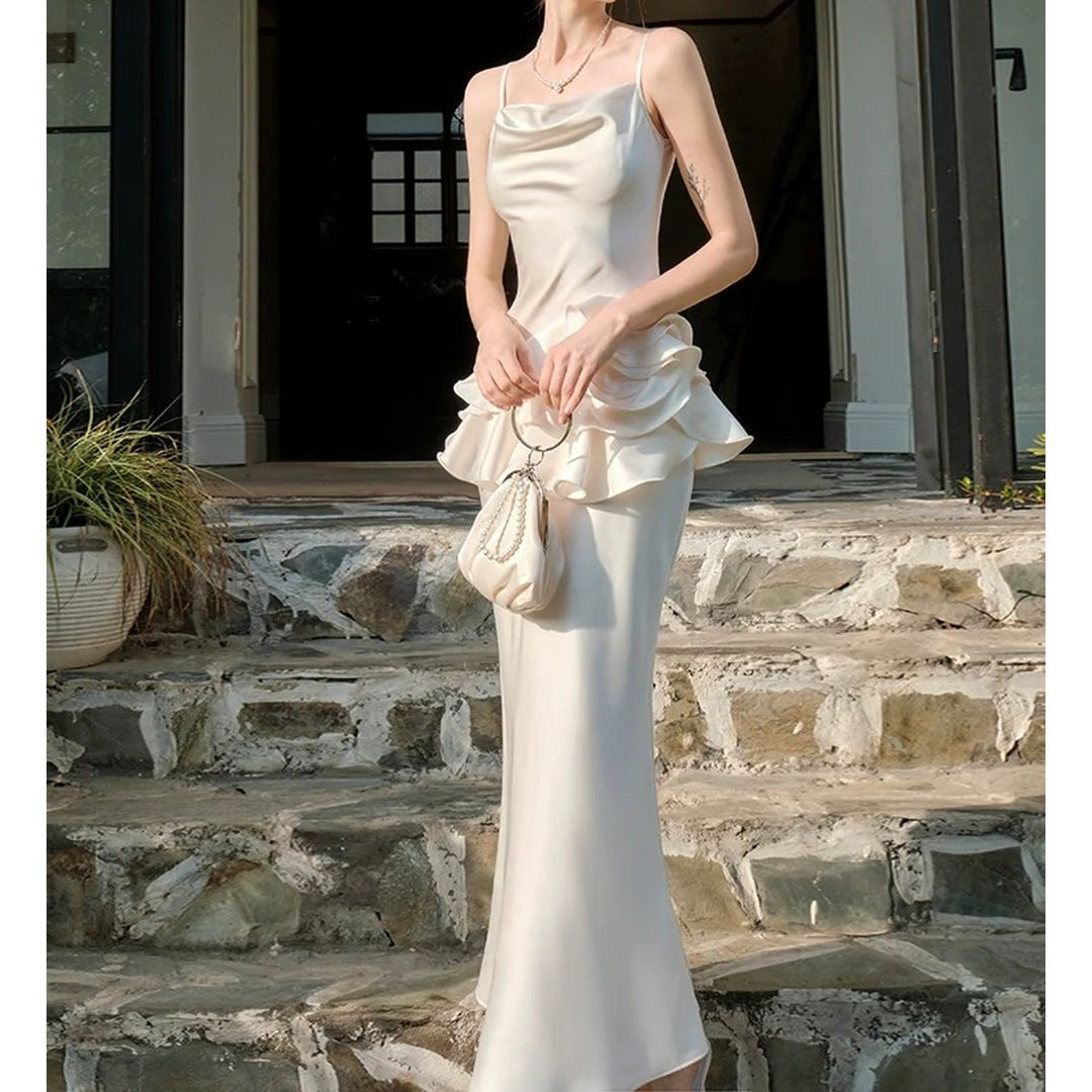 French Floral Satin Spaghetti Gown Dress – High-End Party Dress