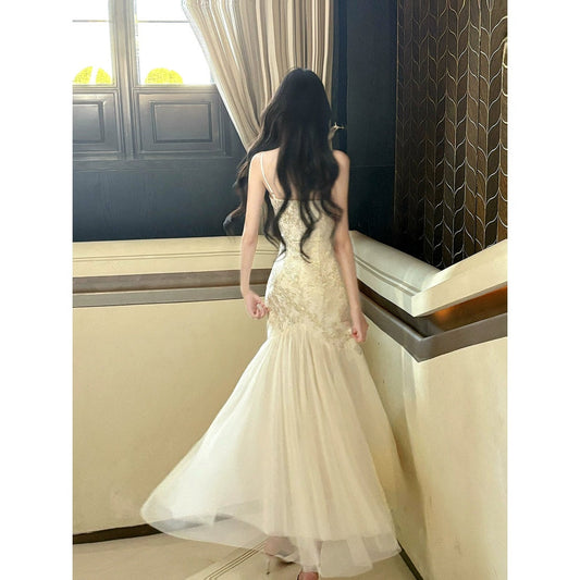 French Lace Tulle Halter Mermaid Gown Dress