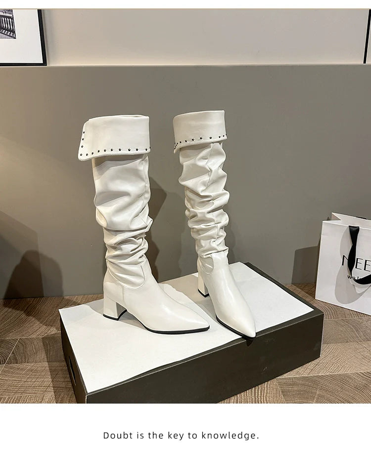 Minimalist Pointed Toe Slouchy Knee High Boots Women New Spicy Girl Chunky Heel Slouchy Over The Knee Slimming Knee High Boots