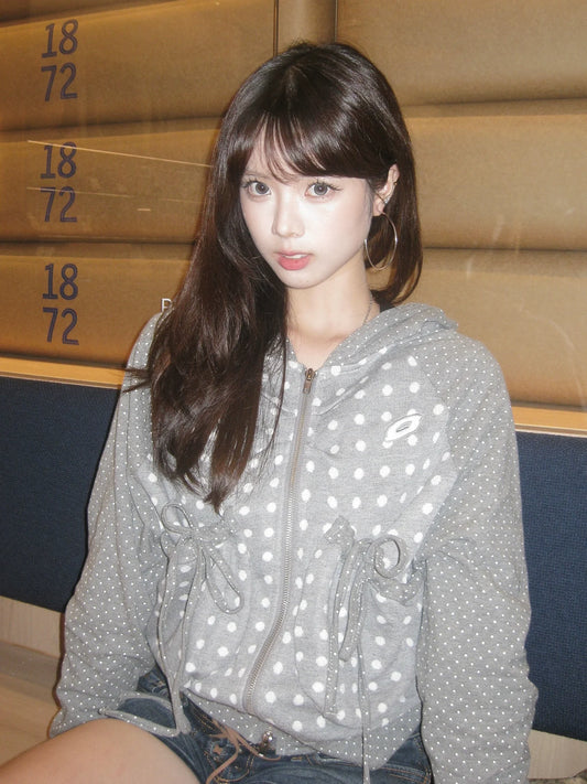 American Retro Polka Dot Hoodie Autumn Patchwork Zipper Pullover Bow Detail Top