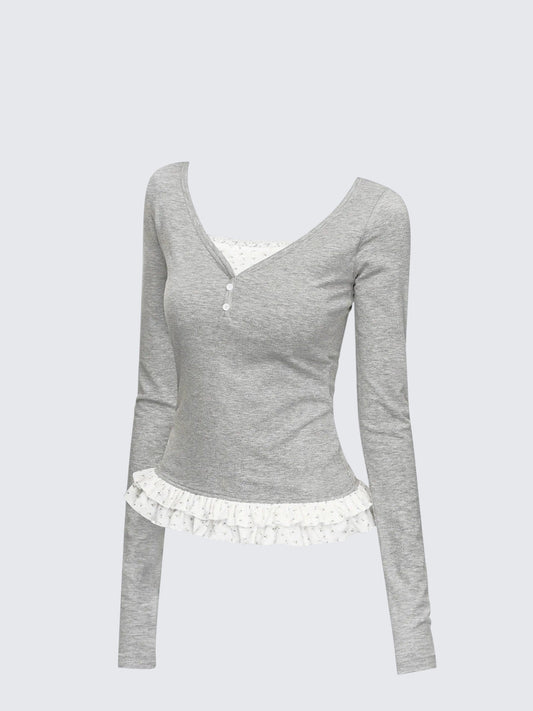 Vintage Lace-Hem V-Neck Top