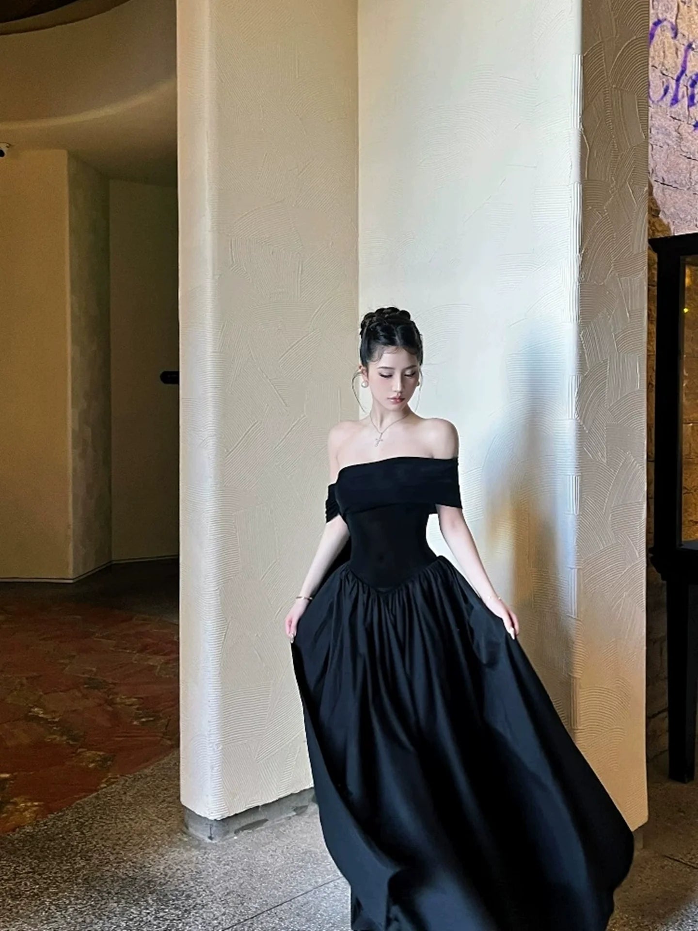 Black Off-The-Shoulder Sash-Detailed Maxi Dress