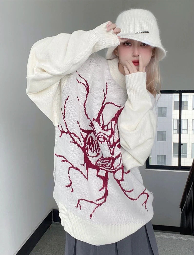 Apricot-White Y2K Punk Retro Jacquard Sweater