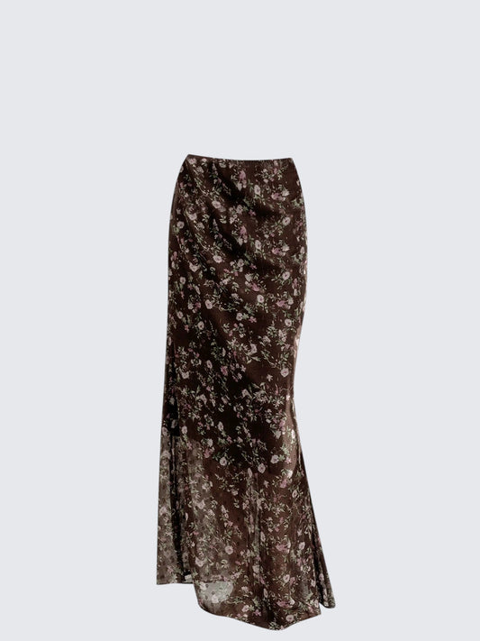 Brown Floral High Waist Skirt Women