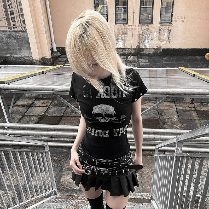 Y2K Skull Print Short Sleeve Top for Summer