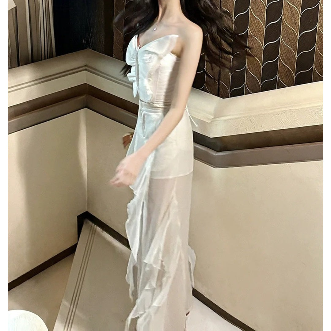 Strapless Butterfly Bone Top Chiffon Pants Set