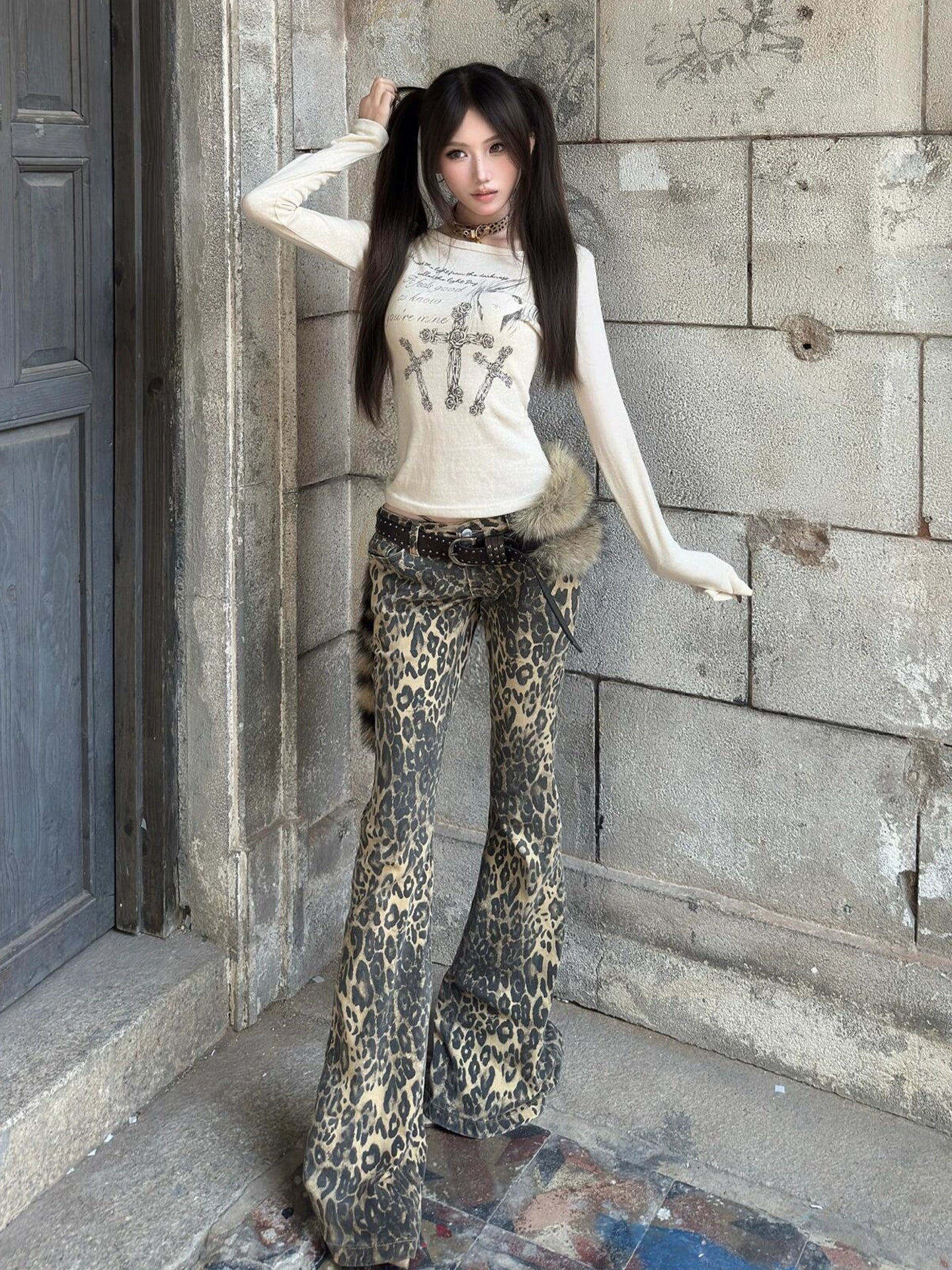 Y2K Cross Print Wide Neck Long Sleeve Top