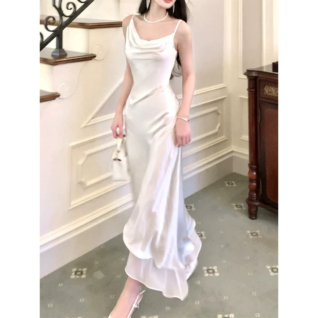 French Draped Satin Gown Dress – White Elegant Evening Dress