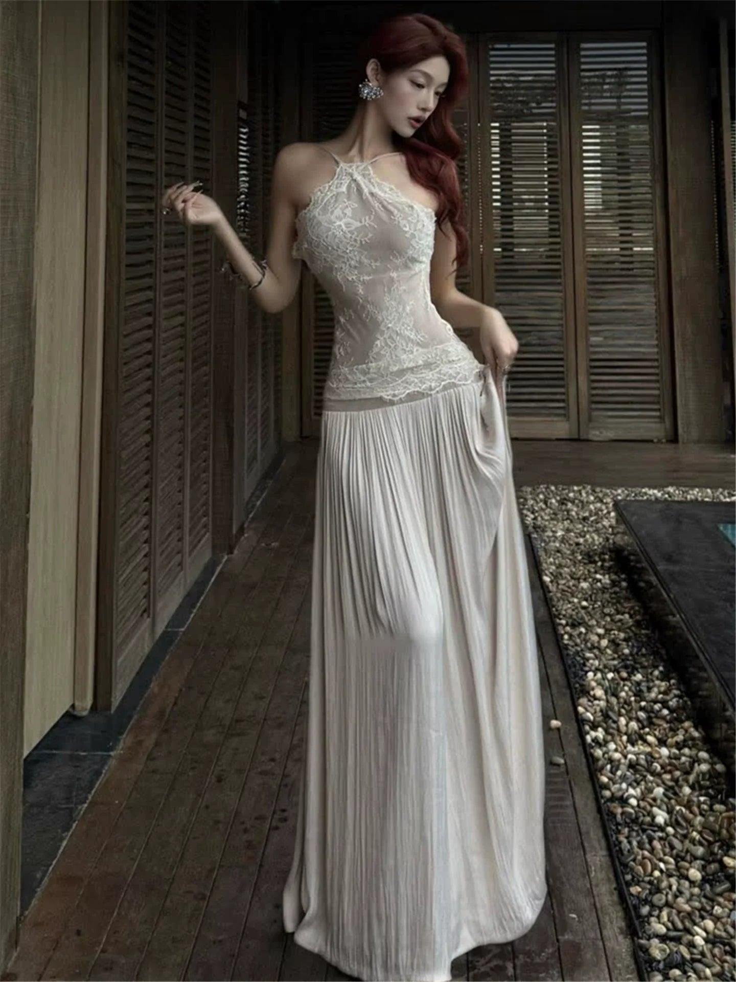 High-End Lace Paneled Backless Slip Dress