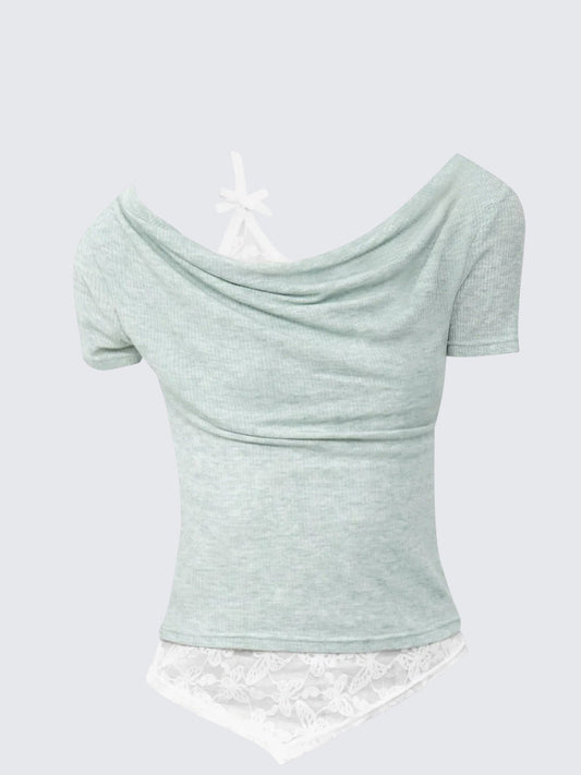 American Cute Lace Faux Two-Piece Tee