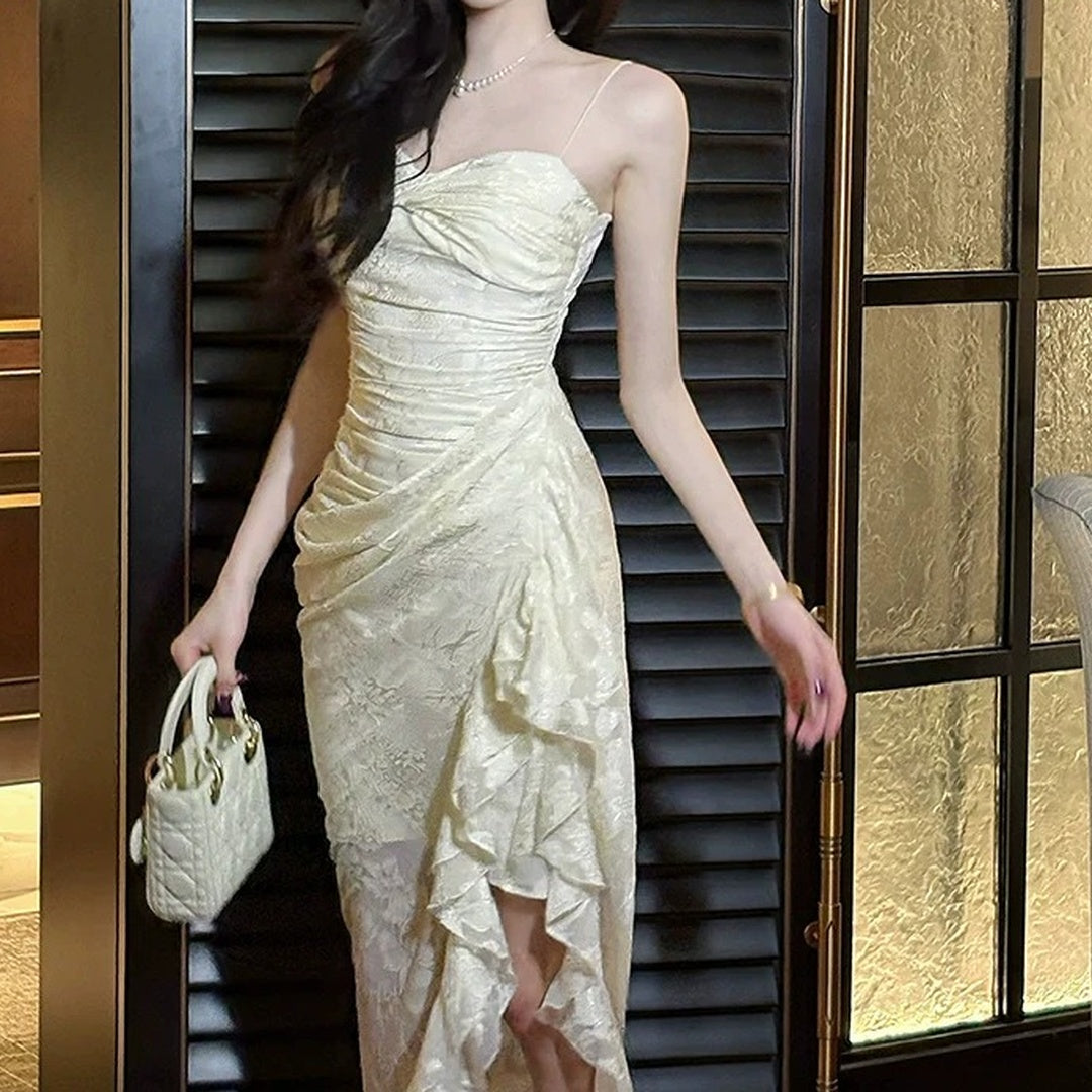 French Vintage Lace Bustier Ruffle Gown Dress