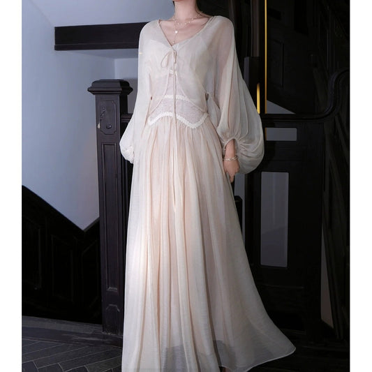 French Waist Spaghetti Strap Loose Chiffon Set Gown Dress