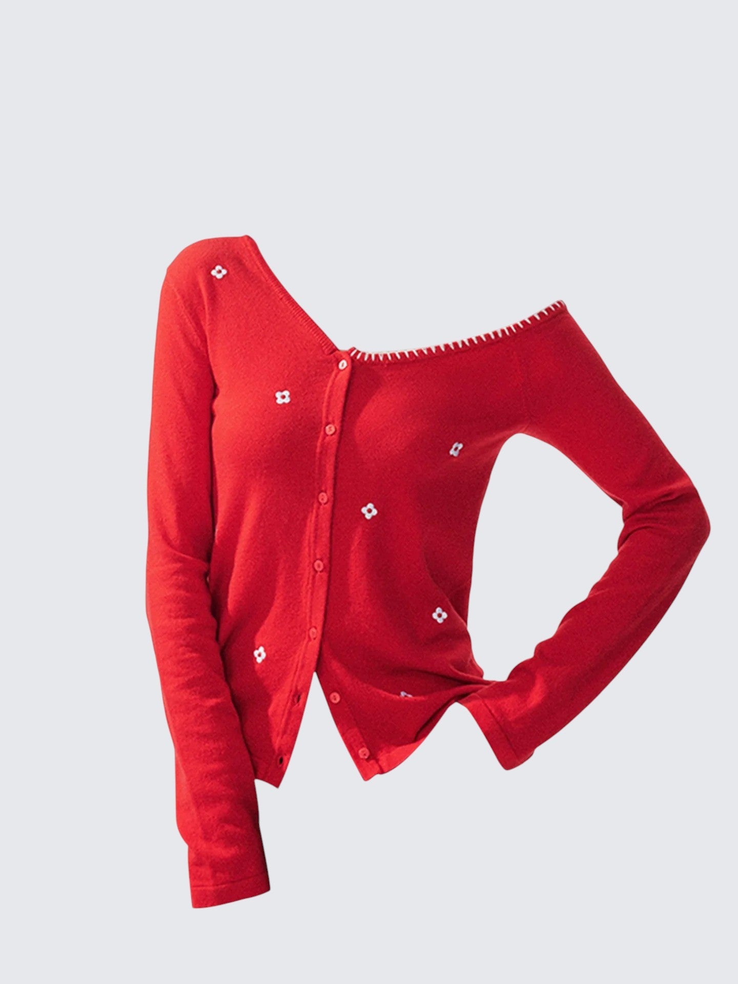 Red Floral Off Shoulder Knit Cardigan Women