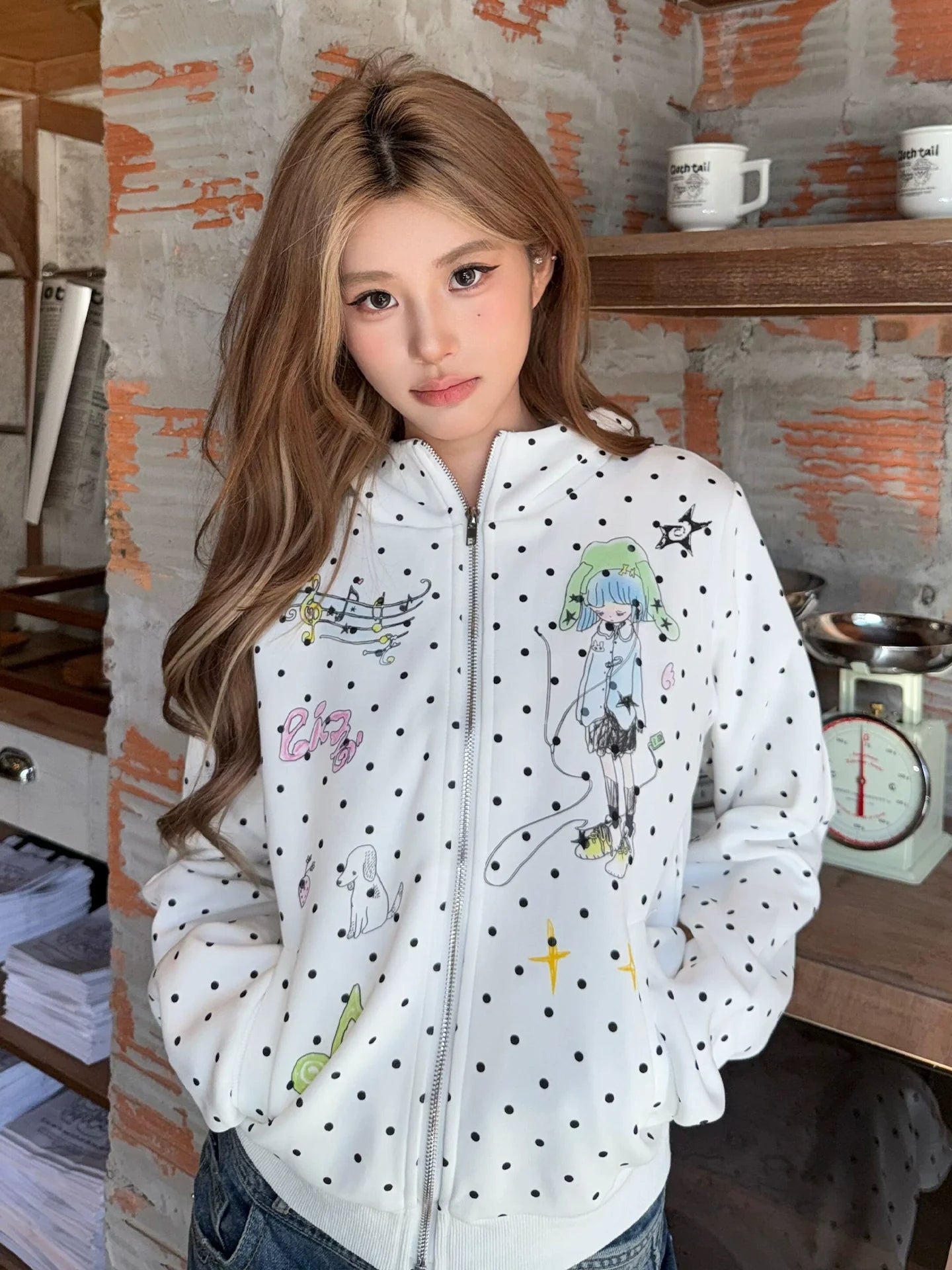 Light Y2K Devil Horn Hoodie Polka Dot Zip Top