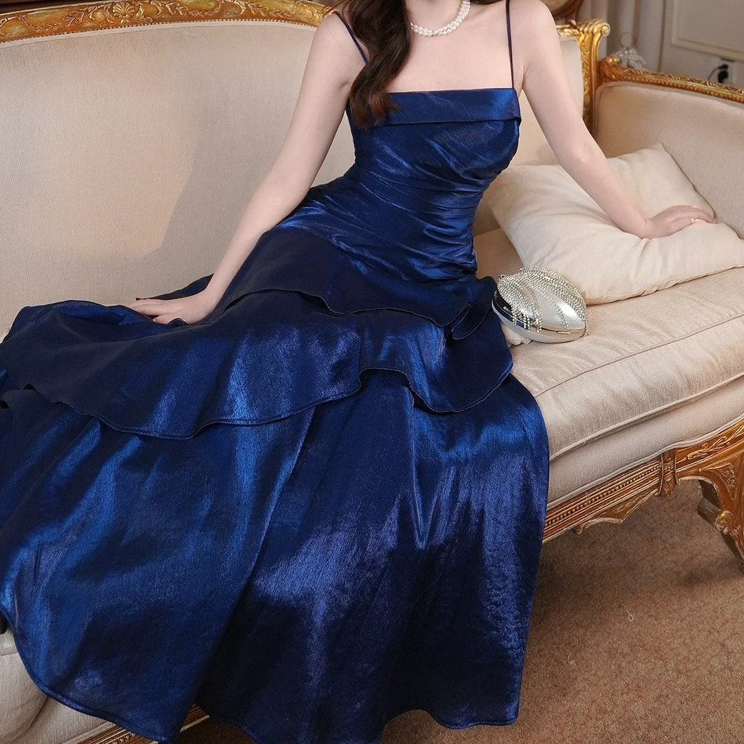 French Blue Spaghetti Strap Waist Gown Dress – Slim Fit Evening Dress