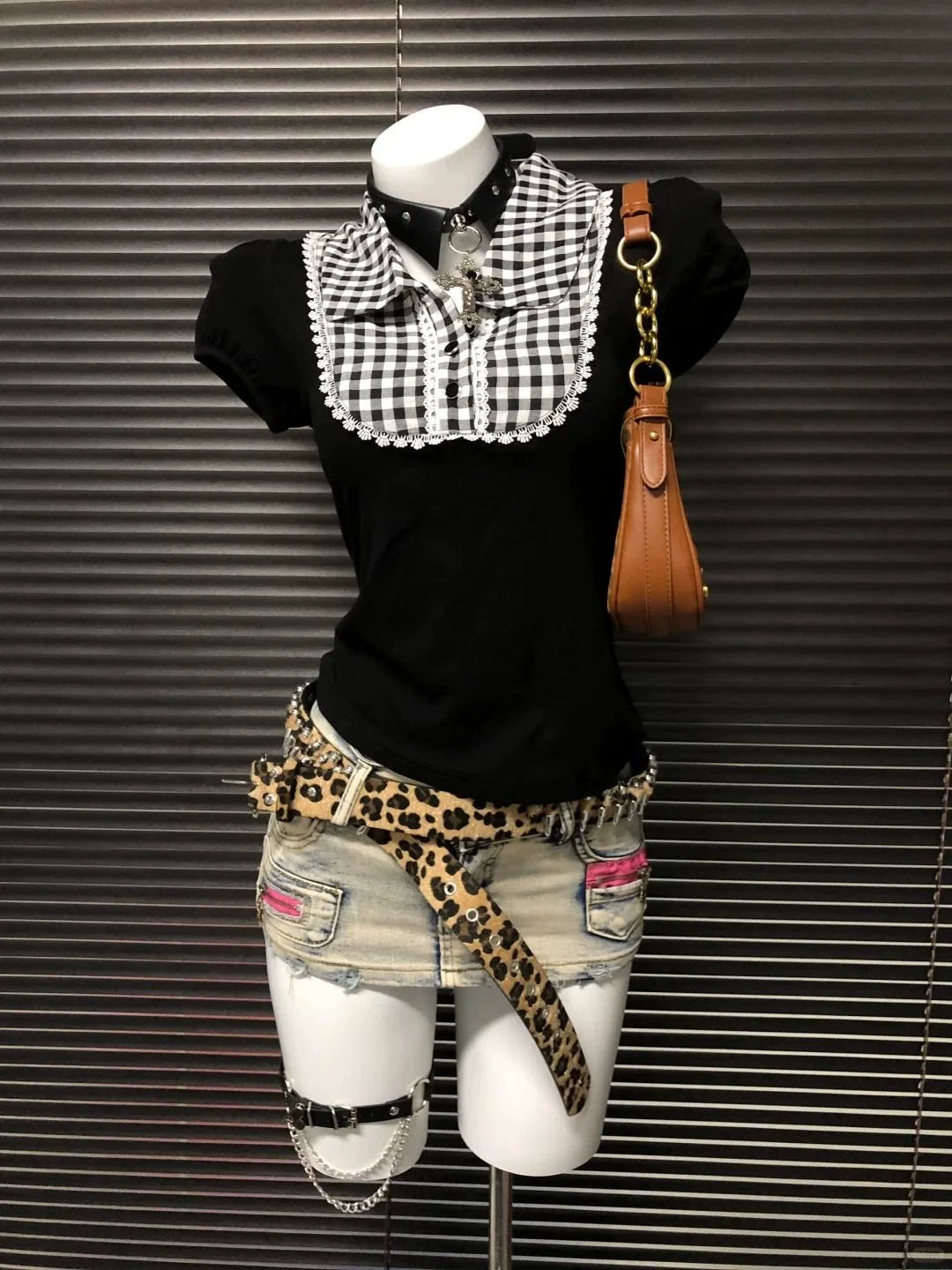 Plaid Fake Two-Piece Slim Y2K T-Shirt