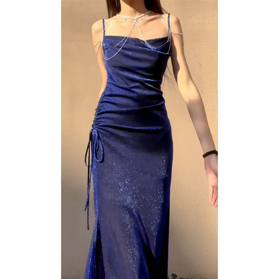 Blue Shimmer Knit Fishtail Gown Dress