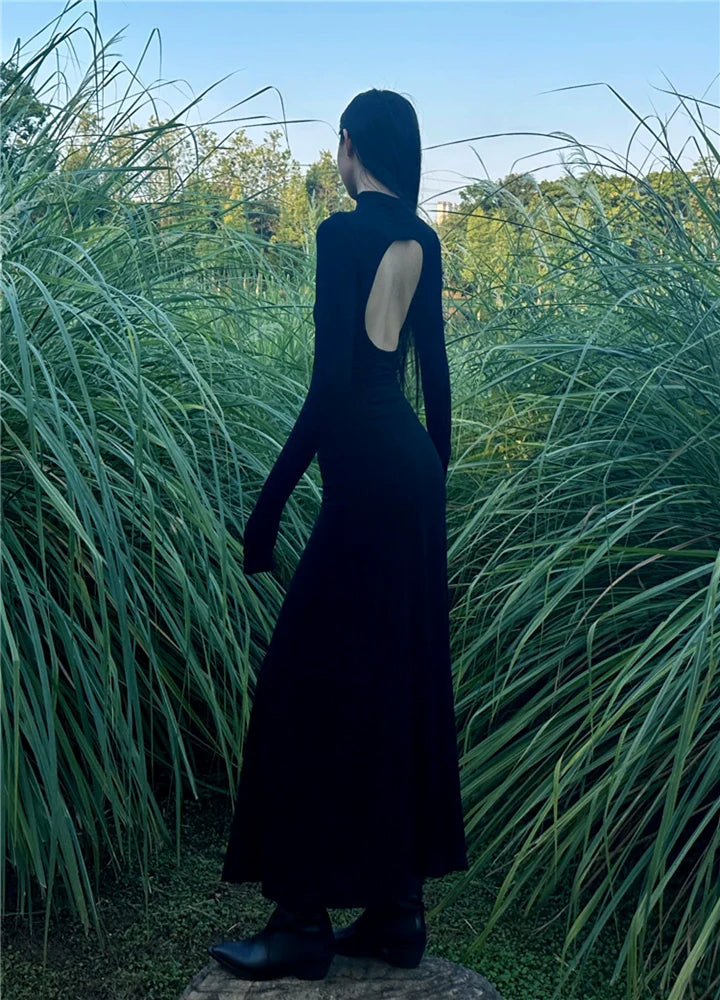 Black Mock-Neck Backless Bodycon Midi Dress for Fall